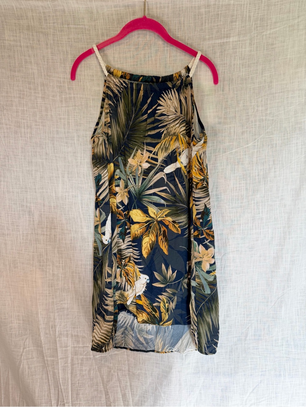 Farm Rio Vibes Touché Balneaire Tropical Palm Leaf Cockatoo Halter Resort Dress